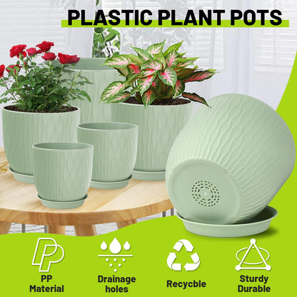 LESOASIS Plastic Plant Pots 10/9/8/7.5/7 inch Set of 5, Flower Planters with Drainage Holes and Saucers, Plastic Pots for Indoor Outdoor Plants, Livingroom Garden Decor (Green)
