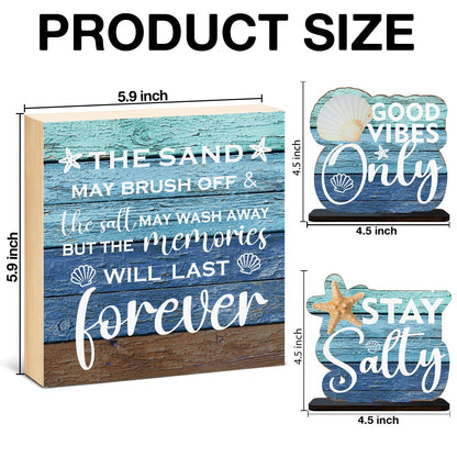 3 Pcs Summer Beach Decorations Wooden Sign - Stay Salty Centerpieces for Tiered Tray Table Desk Bedroom Boys Room Party Shelf Decoration