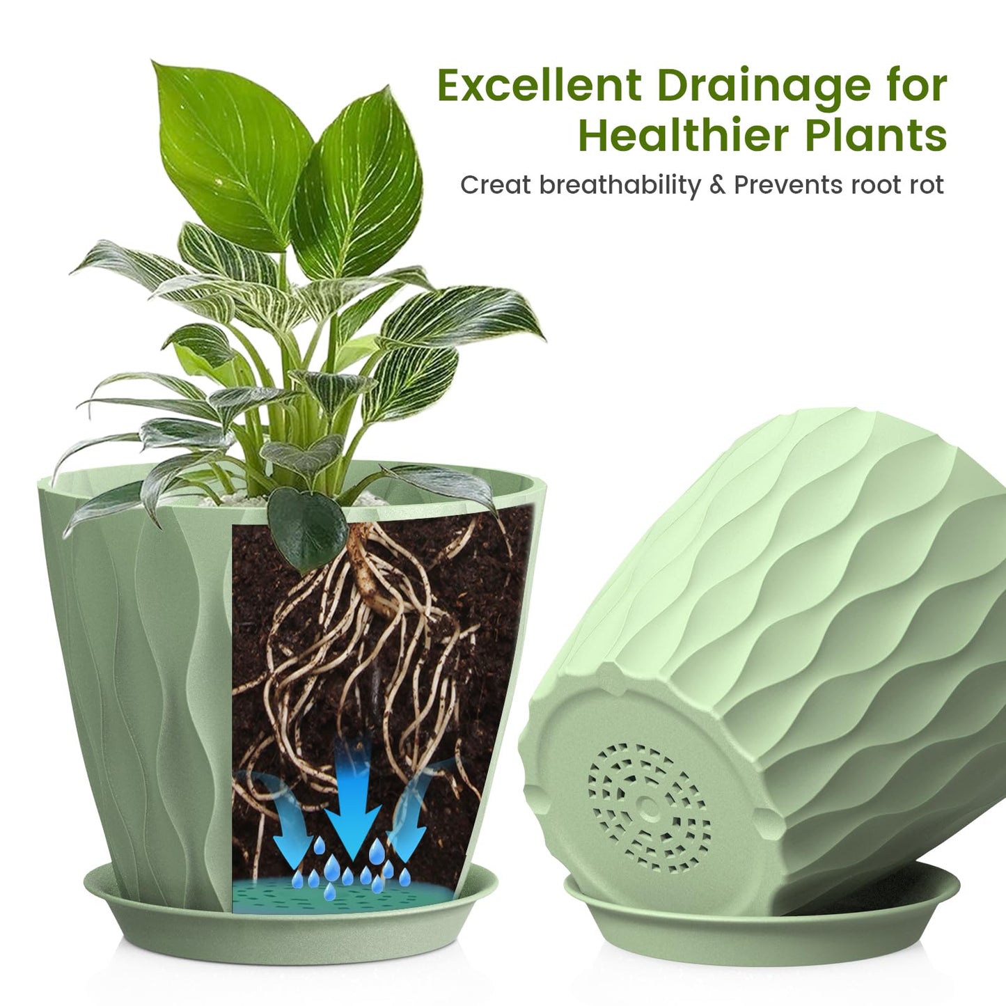 UOUZ 8 Inch Plant Pots, 4 Pack Plastic Planters for Indoor Outdoor with Drainage Holes & Saucers, Waffle Texture Flower Pots for Indoor Plants, Indoor Plant Pots for Monstera, Fiddle Leaf Fig, Green