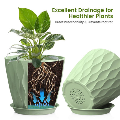 UOUZ 8 Inch Plant Pots, 4 Pack Plastic Planters for Indoor Outdoor with Drainage Holes & Saucers, Waffle Texture Flower Pots for Indoor Plants, Indoor Plant Pots for Monstera, Fiddle Leaf Fig, Green