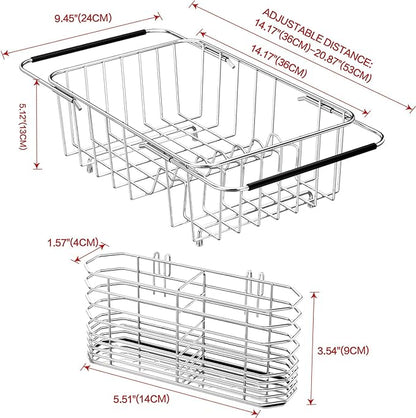 Fanbsy Small Dish Drainer Rack in Sink Adjustable, Expandable Stainless Steel Metal Dish Drying Rack Organizer with Stainless Steel Utensil Holder Over Inside Sink Counter, Rustproof(for 1-2 People)