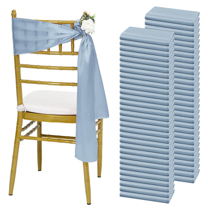 Lykoow 100 Pcs Satin Chair Sashes 78 inch for Wedding Reception Party Hotel Home Kitchen Decoration-Dusty Blue