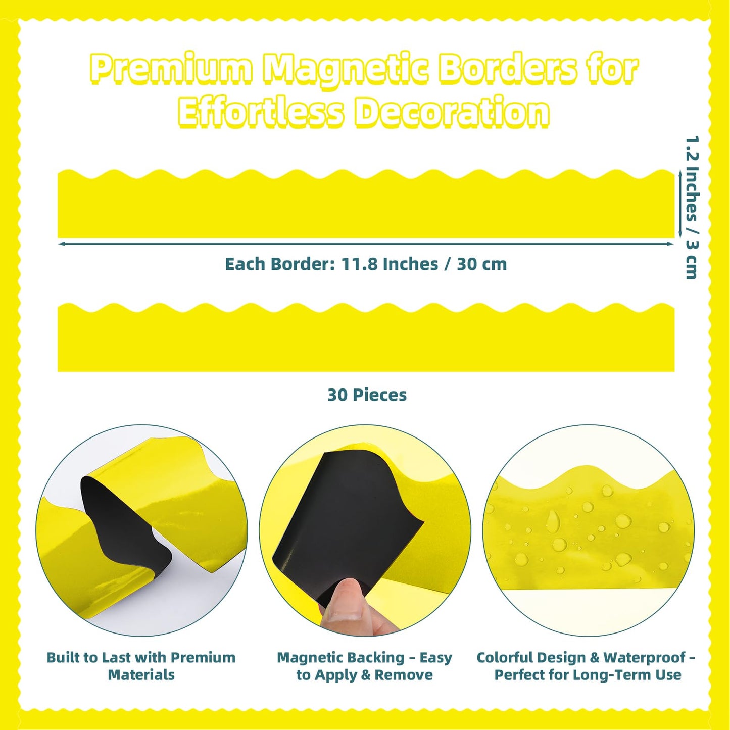 30 Pcs Magnetic Borders for Classroom Whiteboard - Yellow Magnetic Bulletin Board Border Set - Scalloped Chalkboard Border Strips for Teachers, Parents, DIY Home,School & Office Decoration