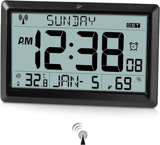 Amgico Digital Wall Clock,10.5" Large Display Atomic Clock,Battery Operated,Digital Calendar Auto Setting with Indoor Temperature,Humidity,Date,Day,Auto DST for Elderly Bedroom Classroom,No Backlight