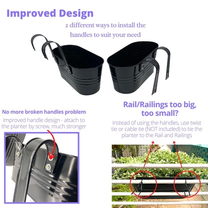 LaLaGreen Bundle - 10 Pack, 11.2 Inch Black + 10 Pack, 6 Inch Silver Metal Pots,Wall Mount Modern Fence Bucket Outdoor Planter Boho Farmhouse Window Rail Box Plant Holder Balcony Garden Decoration