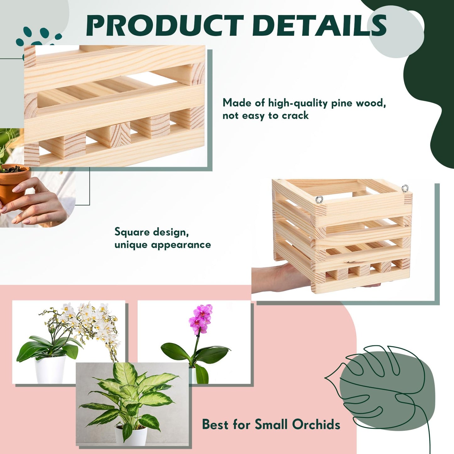 Briwooody 4 Pack Wooden Plant Hanger Set Including 6 Inch Strong Hanging Orchid Wooden Square Baskets and 24 Inch Wire Plant Hangers for Hanging Orchid Gardening Indoor Outdoor(Light Brown)