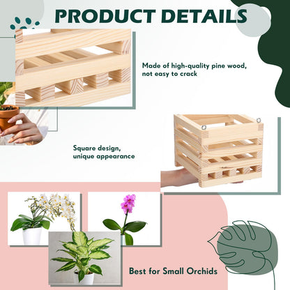 Briwooody 4 Pack Wooden Plant Hanger Set Including 6 Inch Strong Hanging Orchid Wooden Square Baskets and 24 Inch Wire Plant Hangers for Hanging Orchid Gardening Indoor Outdoor(Light Brown)