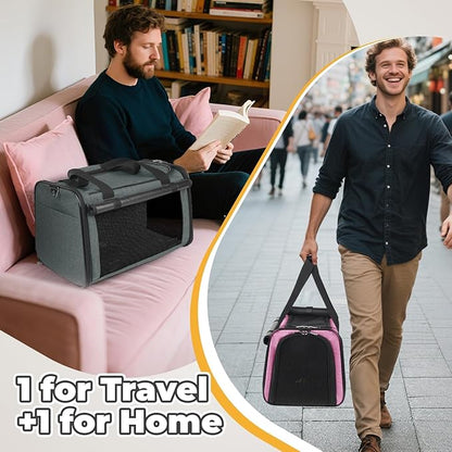 YUDODO 2 Packs 25 lbs Lightproof Soft Sided Cat Carrier for Large Cat & Small Dog Airline Approved Travel Puppy Carriers with Side Pockets & Reflective Mesh, Foldable Portable for Car Grey Green+Pink