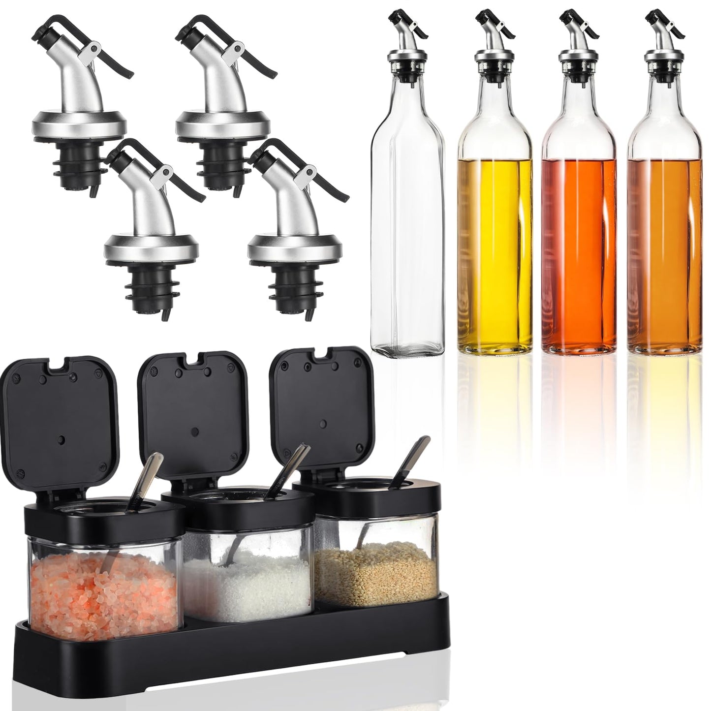Teenyyou 7 Pcs Salt Sugar Container and Oil Dispenser for Kitchen Gift Set, 8.6 oz Clear Glass Condiment Canisters Pots with Lid and Spoon 17 oz Glass Oil Bottle for Countertop, Coffee Bar