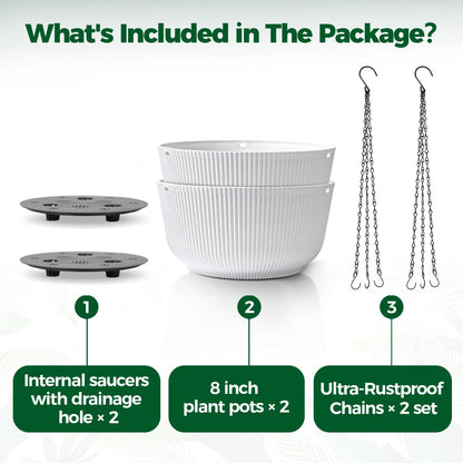 T4U Hanging Planter Self Watering 8 Inch, 2 Pack White Indoor Hanging Plant pots, Hanging Flower Pot with Drainage Hole & Plug & Chain with 3 Hooks for Garden Home Decor