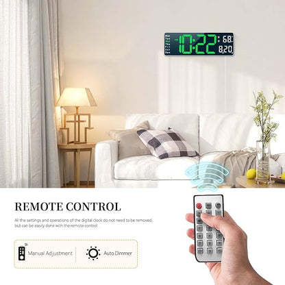 Digital Clock, Digital Wall Clock for Living Room Decor, Desk Alarm Clock for Bedroom, Large Wall Clock with Remote Control, Automatic Brightness Dimmer LED Clock with Date Temperature Week (Green-W)