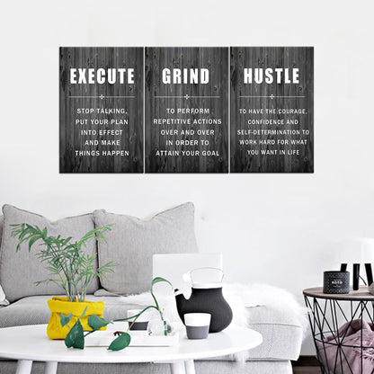 Motivational Wall Art Execute Grind Hustle Inspirational Poster 3 Pieces Canvas Prints Artwork for Living Room Modern Home Decor Painting Pictures Stretched and Framed Ready to Hang [48''Wx 24''H]