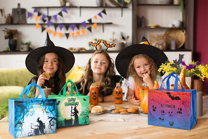 XiaosRen 16Pcs Multifunctional Non-Woven Tote Bags with Handles, Large Reusable Happy Halloween Bags for Gifts, Party Supplies, 12.6x10x6.7
