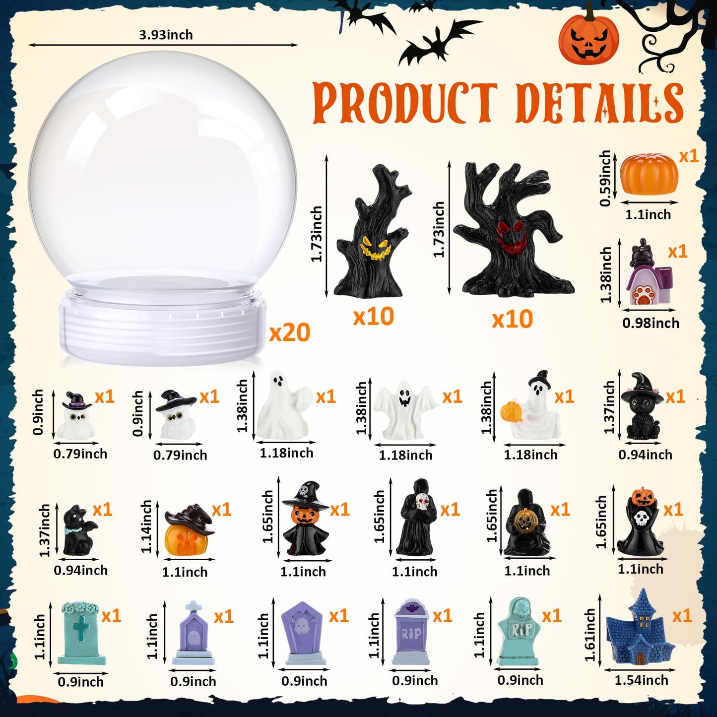 Qinyoung 60 Pcs Halloween DIY Snow Globe Kit, 3.9 Inch Clear Plastic Snow Globes with Resin Halloween Ornaments, Pumpkin Ghost Tombstone Witch Tree Miniatures for DIY Craft, Party Decor Gift