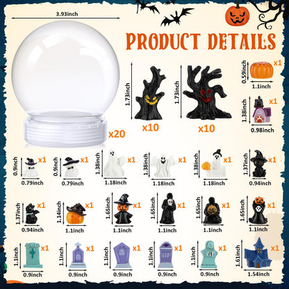 Qinyoung 60 Pcs Halloween DIY Snow Globe Kit, 3.9 Inch Clear Plastic Snow Globes with Resin Halloween Ornaments, Pumpkin Ghost Tombstone Witch Tree Miniatures for DIY Craft, Party Decor Gift