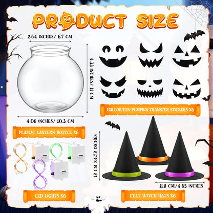 LemonRoad 6 Pack Halloween LED Jack O Lantern Table Decor with Witch Hat Plastic Lighted Pumpkin Jars Mantel Tiered Tray Table Centerpieces for Indoor Outdoor(Orange, Green, Purple)