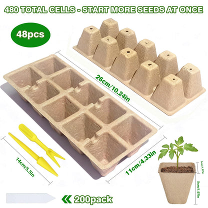 Kimdozee 480 Cells Seed Starter Tray, 48 Pack Biodegradable Peat Pots with 200 Labels, Germination Plant Starter Kit for Seedlings