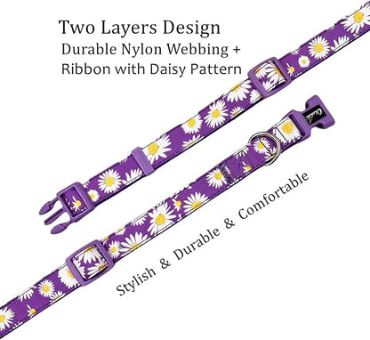 Dog Collar Leash Set, Floral Pattern, Nylon Webbing Plus Cotton Ribbon, 5ft Matching Leash, for Large Dogs.(L, Purple Daisy)