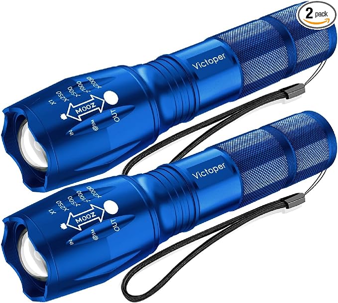 Victoper LED Flashlight 2 Pack Blue, Bright Tactical Torch High Lumens 5 Modes, Waterproof Zoomable Flash Light for Outdoor, Birthday Gifts for Men, Dorm Room Hiking Camping Essentials Gear for Guys