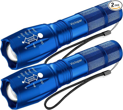 Victoper LED Flashlight 2 Pack Blue, Bright Tactical Torch High Lumens 5 Modes, Waterproof Zoomable Flash Light for Outdoor, Birthday Gifts for Men, Dorm Room Hiking Camping Essentials Gear for Guys