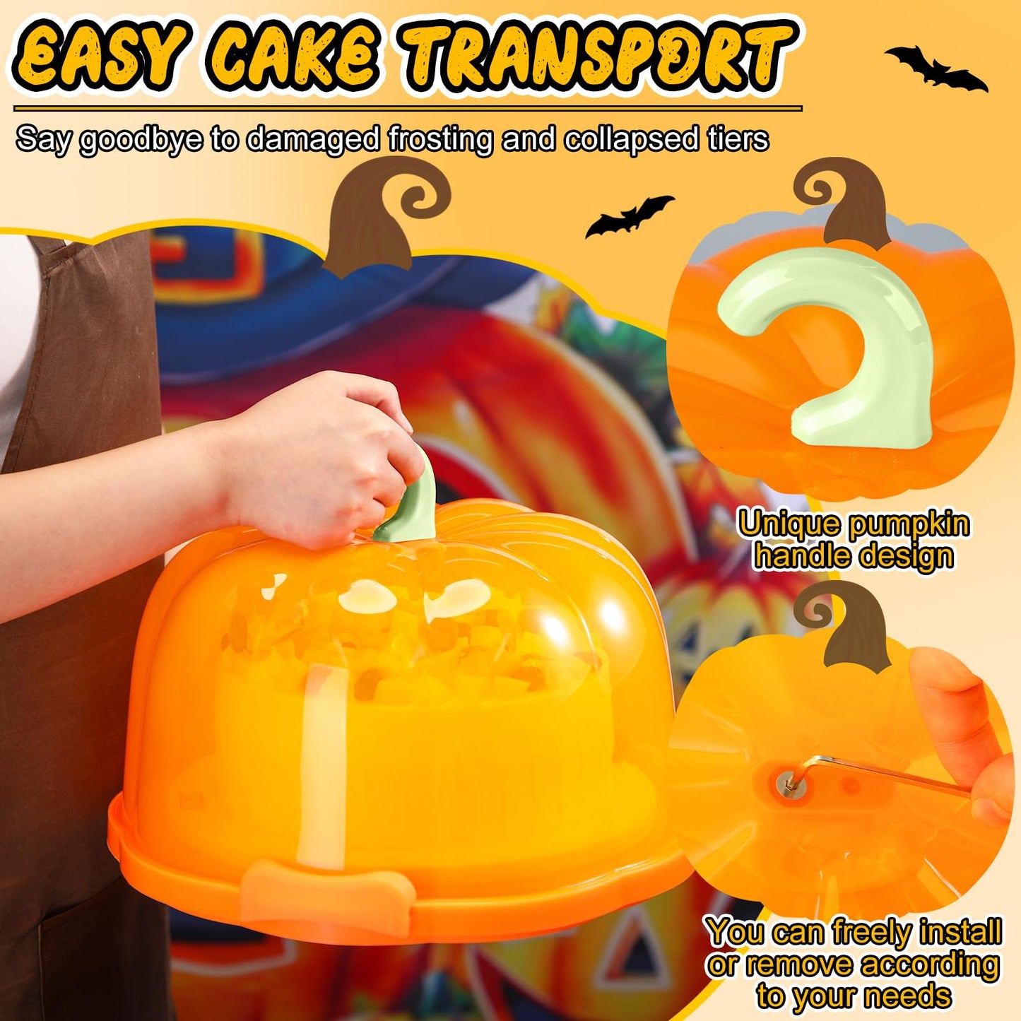Zhehao 10 Inch Fall Cake Carrier Holds, Pumpkin Cake Stand with Lid and Handle, Halloween Autumn Harvest Plastic Transport Storage Container, Suitable for Transporting Pies, Cupcakes and More(Orange)