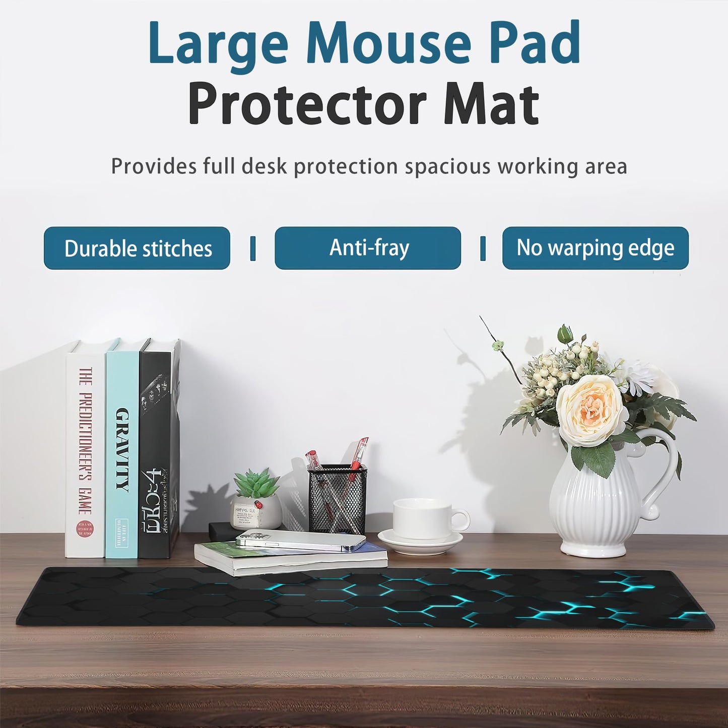 Gaming Mouse Pad, Blue Honeycomb Science Technology Extended Mouse Pad Gaming Large,Big Desk Mat with Non-Slip Base and Stitched Edge,Long Computer Keyboard Mouse Mat for Home Office Work 31.5"x11.8"