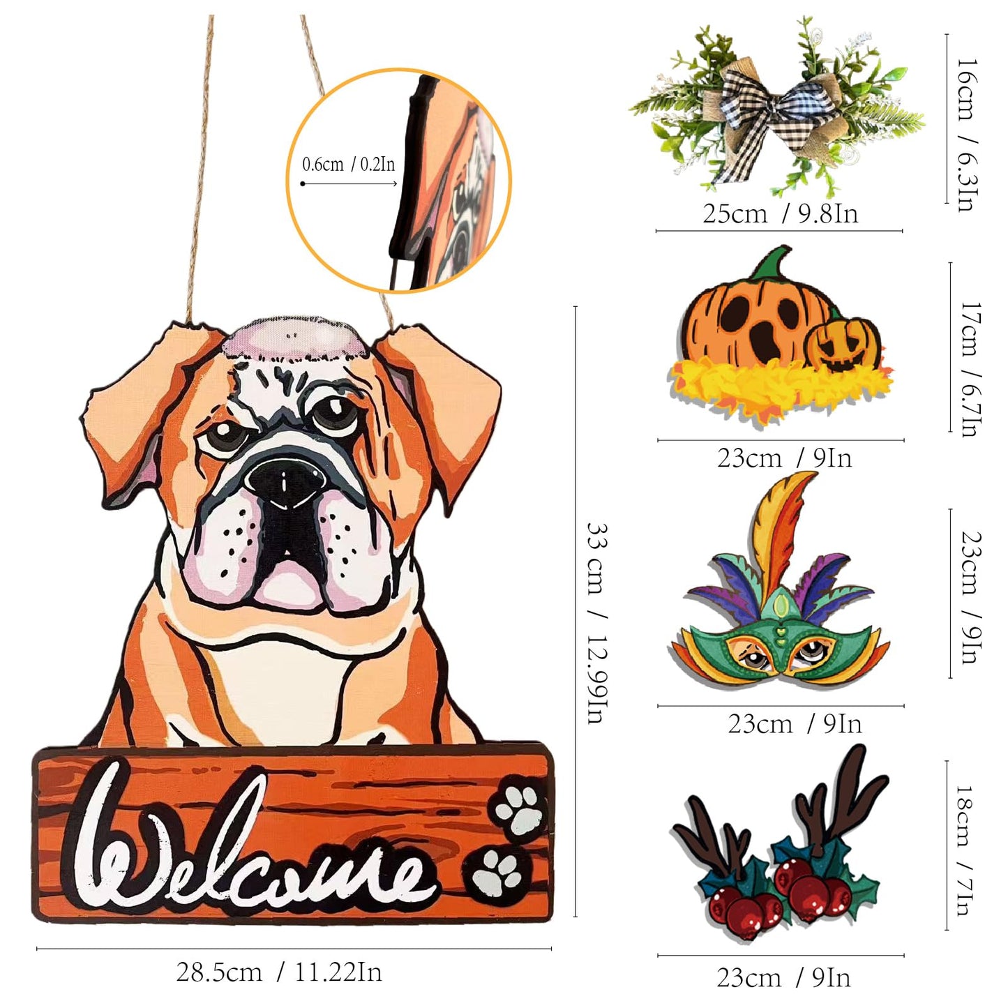 FelyHos Interchangeable Bulldog Welcome Sign, Wooden Seasonal Door Hanger with 12 Interchangeable Decorations, Cute Dog Welcome Plaque for Front Door Porch Wall, Holiday Home Decor Gift