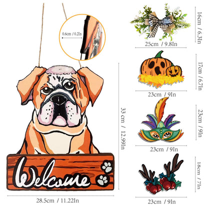 FelyHos Interchangeable Bulldog Welcome Sign, Wooden Seasonal Door Hanger with 12 Interchangeable Decorations, Cute Dog Welcome Plaque for Front Door Porch Wall, Holiday Home Decor Gift
