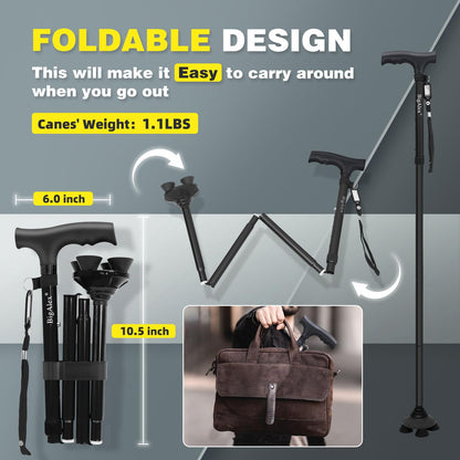 BigAlex Folding Walking Cane for Elderly Adjustable & Portable Walking Stick for Seniors,Pivoting Quad Base,Lightweight,Collapsible with Carrying Bag for Men/Woman