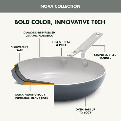 GreenPan Nova 10-Piece Nonstick Cookware Set, PFAS-Free Ceramic Pots & Pans with Silicone Cooking Utensils, Durable Fast Heating, Induction Ready, Oven Safe to 600°F, Dishwasher Safe, Slate Gray