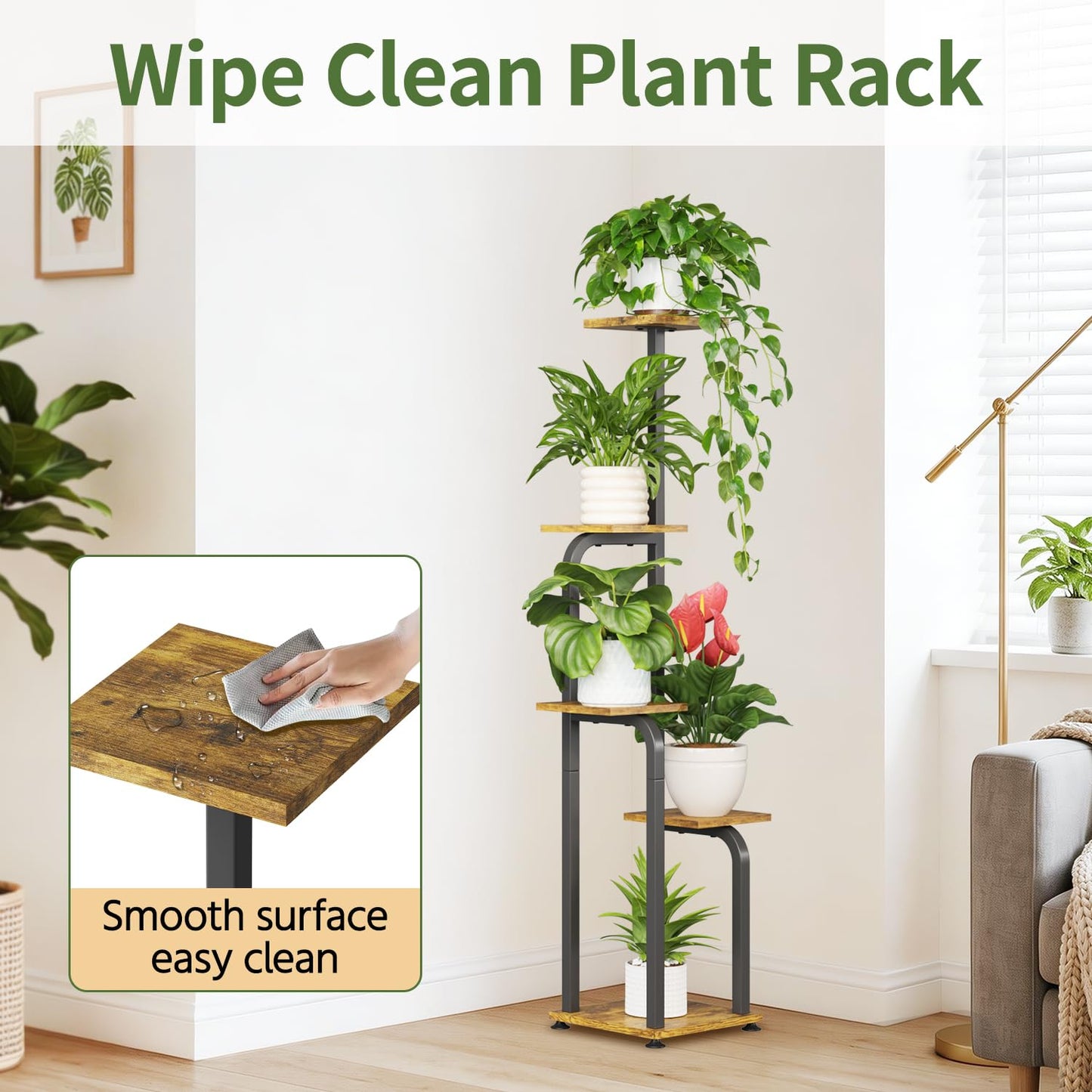 LASZOLA 5 Tiered Plant Stand Tall for Indoor Corner, Modern Multiple Flower Display Rack with Wooden Tray, Vertical Planter Shelf for Living Room Bedroom Patio Garden Balcony, Black