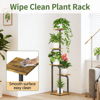 LASZOLA 5 Tiered Plant Stand Tall for Indoor Corner, Modern Multiple Flower Display Rack with Wooden Tray, Vertical Planter Shelf for Living Room Bedroom Patio Garden Balcony, Black