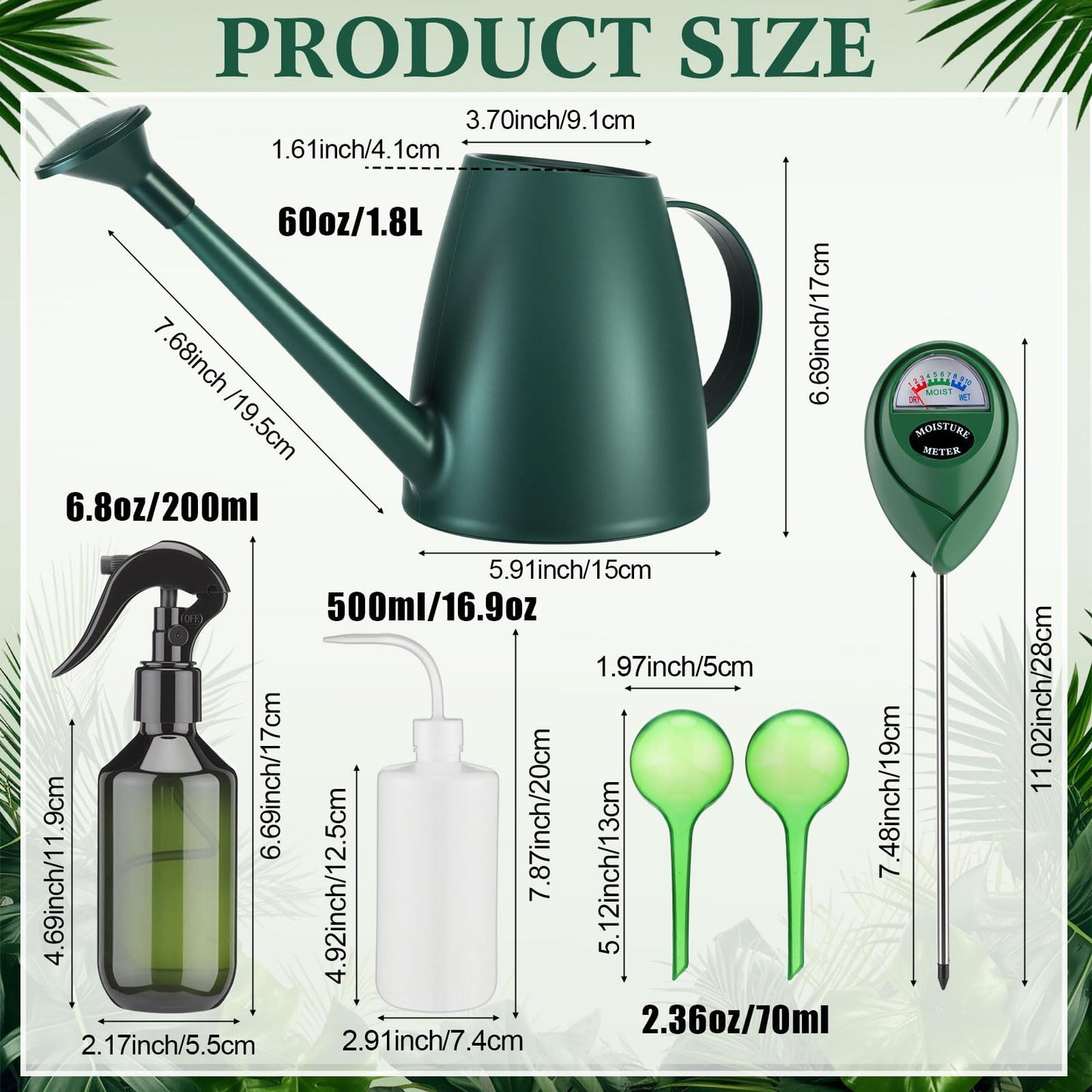 Reallnaive 6 Pcs Indoor Watering Can Set 1/2 Gallon Can 6.8 oz Spray Bottle 17 oz Squeeze Bottle Plant Watering Globes Soil Moisture Meter Small Spraying Set for Indoor Outdoor Plants (Dark Green)