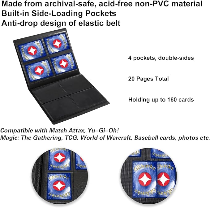 GEAoffice Card Binder 4 Pocket - Small Trading Card Collection Album Folder - 160 Side Loading Pocket Binder for TCG, MTG, Sports&Game Cards - Gifts for Card Collector Boys (Black)