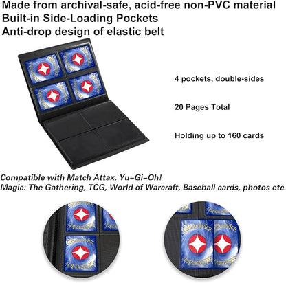 GEAoffice Card Binder 4 Pocket - Small Trading Card Collection Album Folder - 160 Side Loading Pocket Binder for TCG, MTG, Sports&Game Cards - Gifts for Card Collector Boys (Black)