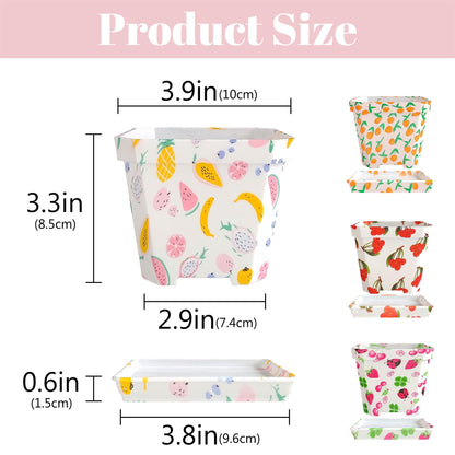 Plant Pots 4 Inch Square Plastic Decoration,Flower Pots Retro Design,Flower Pot with Drain Hole and Tray,for Outdoor Indoor Garden Home Plants (Fruit,4pcs)