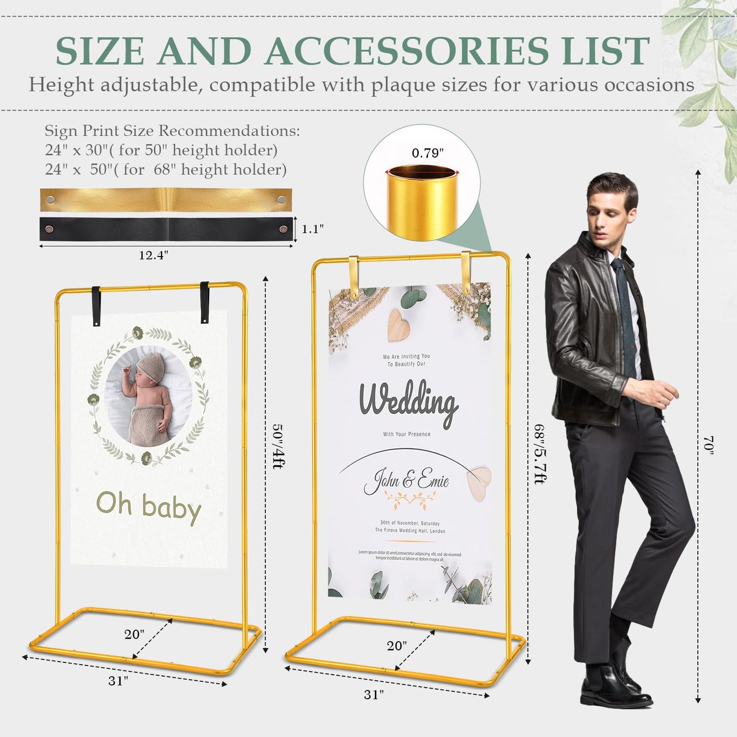 WellSign Wedding Welcome Sign Holder, 68”x31”x 20” Welcome to Our Wedding Sign Adjustable Display Stand with 4 Leather Hanging Straps,Gold Easel Stand Personalized for Baby Bridal Valentine
