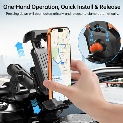 SEAJIC Motorcycle Phone Mount with Vibration Dampener & Security Lock, 720° Adjustable Bike Phone Holder Handlebar, Anti-Theft Motorcycle Phone Holder for iPhone 17/16/15/14/13 Series, 4.5-6.8" Phones
