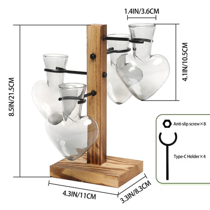 CYZglass Plant Terrarium Propagation Stations with Wooden Stand, Glass Vase for Indoor Hydroponics Home Garden Office Decoration Gift for Women - 4 Love Bulb Vase