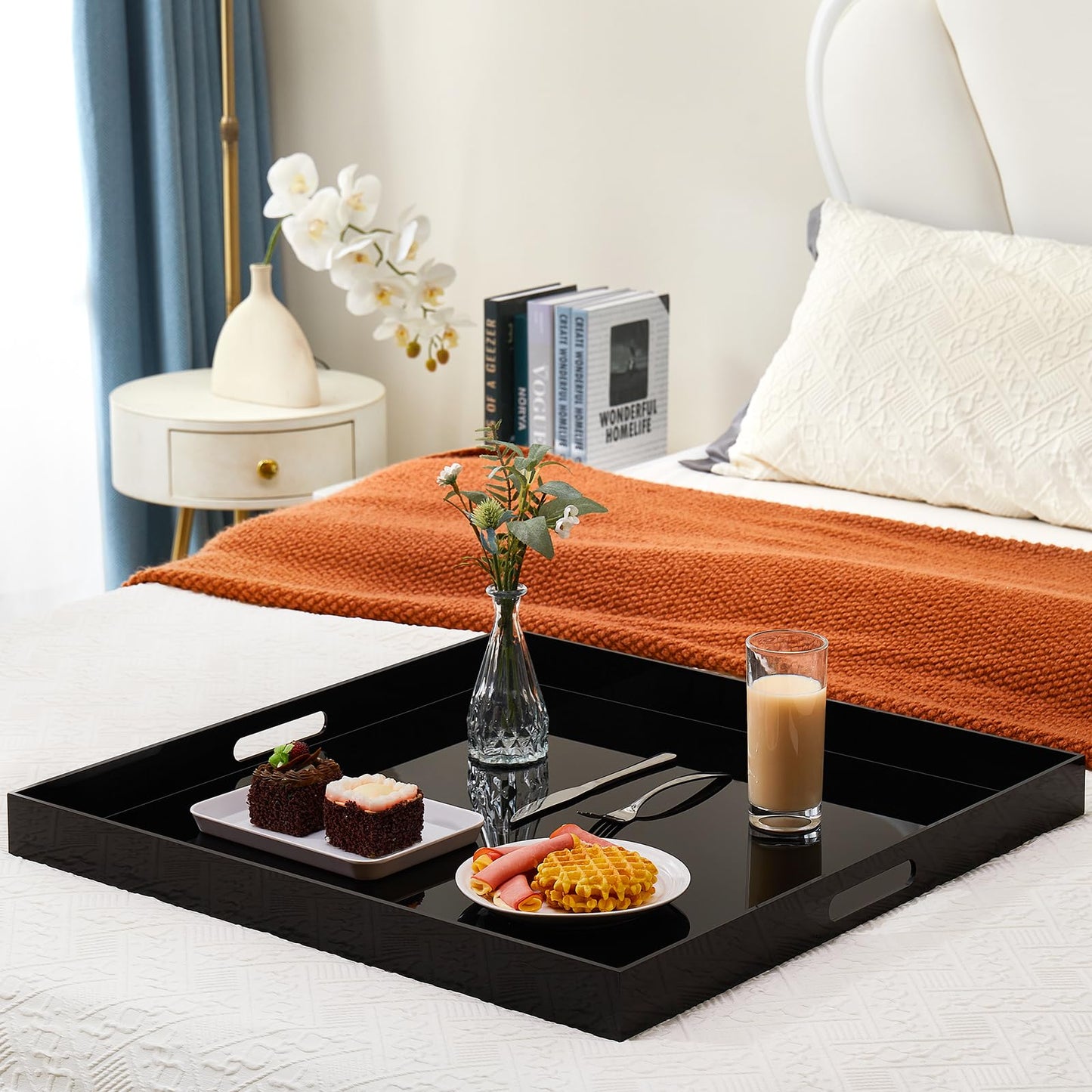 20×20 inches Oversized Black Acrylic Ottoman Tray Extra Large Decorative Tray Spill-Proof Serving Trays with Handles King-Size Safe Edge Organizer for Coffee Table Countertop Breakfast