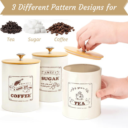 Youeon Metal Canisters Sets for the Kitchen, 40 Oz Coffee Sugar Tea Container Set, Farmhouse Style, Food Storage Containers with Lids for Countertop, Cabinet, Coffee Bar Decor, Beige