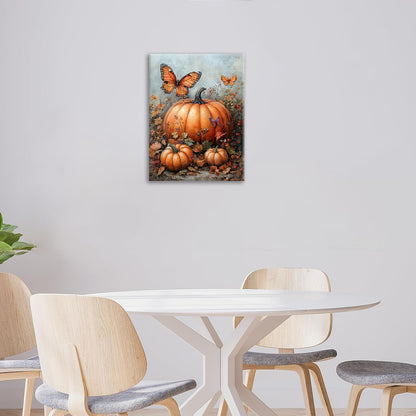 Fall Pumpkin Pictures Wall Art, Rustic Thanksgiving Bathroom Wall Decor, Farmhouse Autumn Butterfly Framed Painting Canvas Artwork for Harvest Gift Bedroom Living Room Decorations 16" L x 12" W