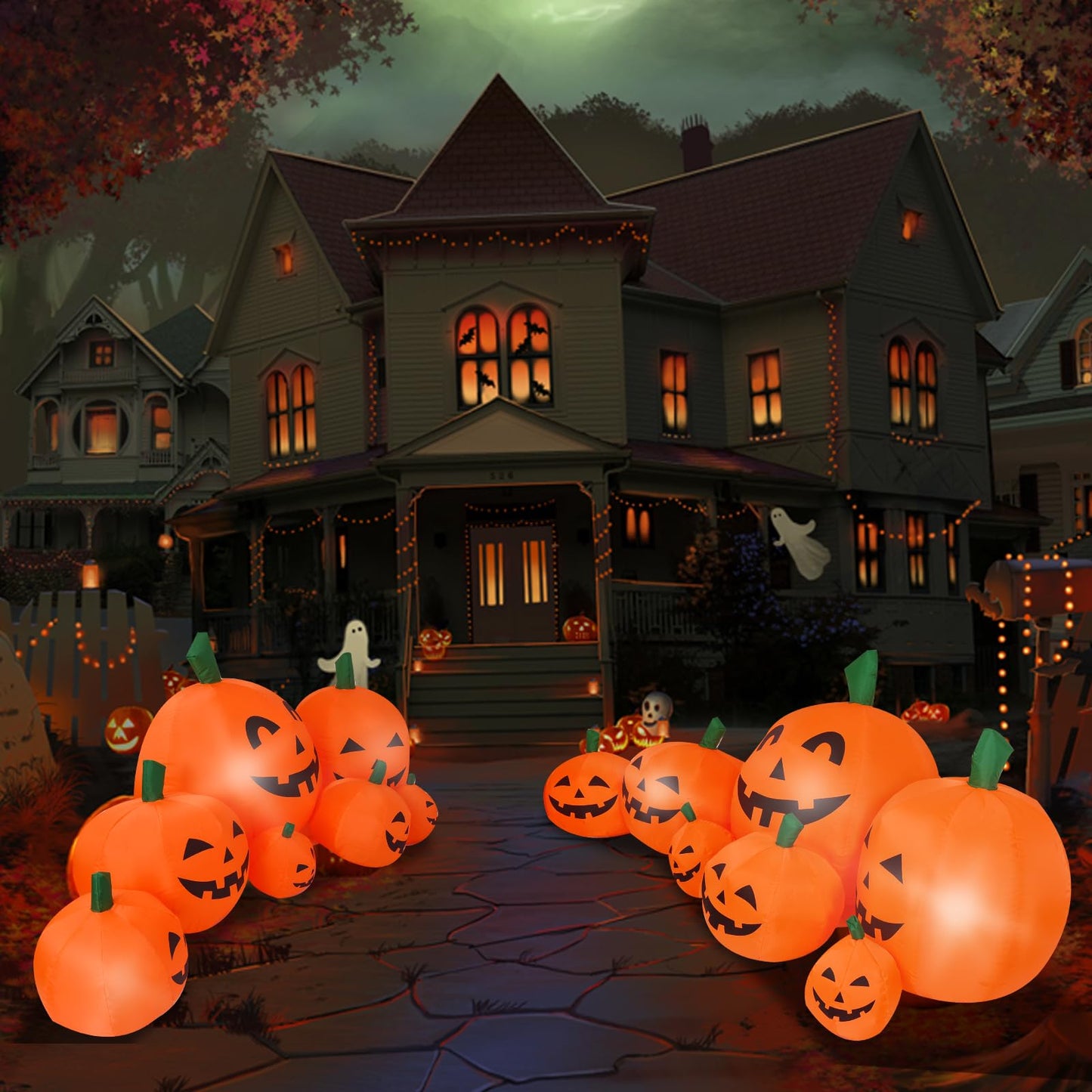 DearSun 8.0FT Long Halloween Inflatable Pumpkin Patch Fall Inflatable Thanksgiving Inflatable Pumpkin Patch Blow up Pumpkin Decor Outer Large Party Yard Decoration