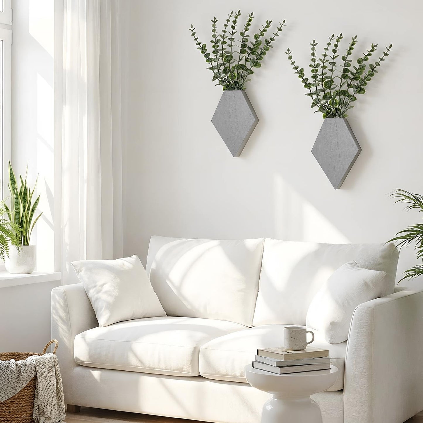 Chunful Wooden Wall Planter Decor Hanging Fake Plants Greenery Flowers Holder Vase Boxes for Wall Farmhouse Bohemian Living Room Bedroom Kitchen Office Indoor Decoration (Light Gray,2 Pcs)