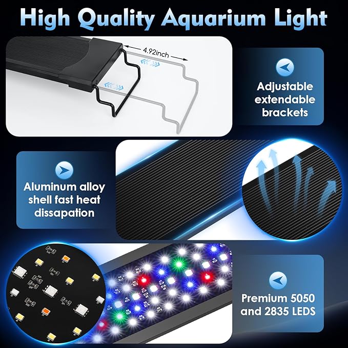 AQQA LED Aquarium Light 60W for 40-48 Inch Fish Tank, 24/7 Mode&DIY Mode Full Spectrum Fish Tank Light, IP68 Waterproof High Lumen Aquarium Plant Light, Adjustable Brightness/Timer, Memory Function