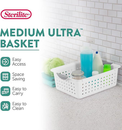 Sterilite 12-Pack Medium Ultra Basket, Open Top Plastic Storage Organizer, White - Classic Baskets for Organizing Countertops, Pantry Shelves, Kitchen Cabinets, Laundry Rooms or Home Offices