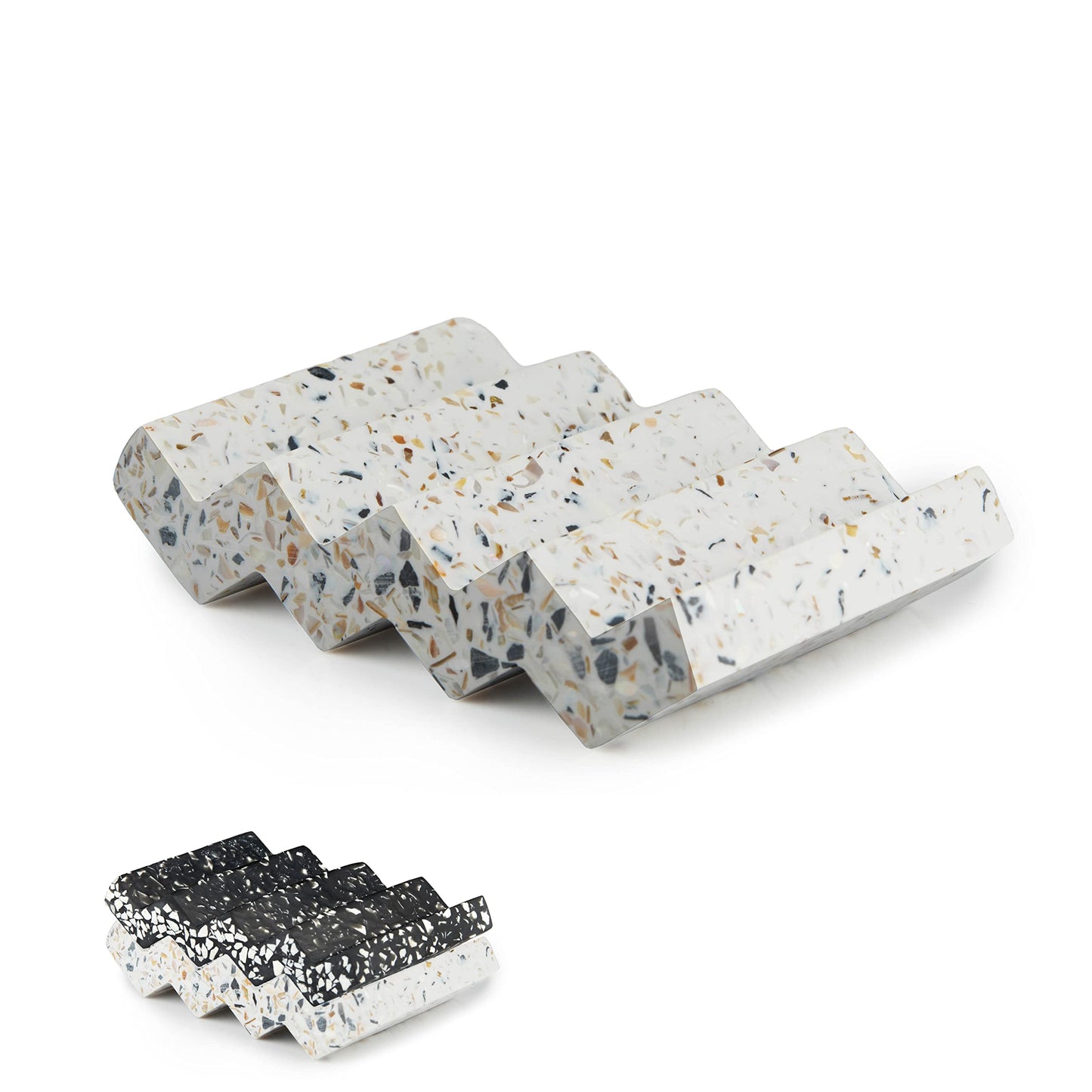 Tapeera Zig Zag Terrazzo Stone Soap Dish for Bathroom Sink - Concrete Soap Saver for Bar Soap Holder for Shower - Sponge Holder - Self Draining Soap Dish Holder - Kitchen Soap Tray (White)