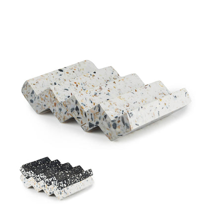 Tapeera Zig Zag Terrazzo Stone Soap Dish for Bathroom Sink - Concrete Soap Saver for Bar Soap Holder for Shower - Sponge Holder - Self Draining Soap Dish Holder - Kitchen Soap Tray (White)