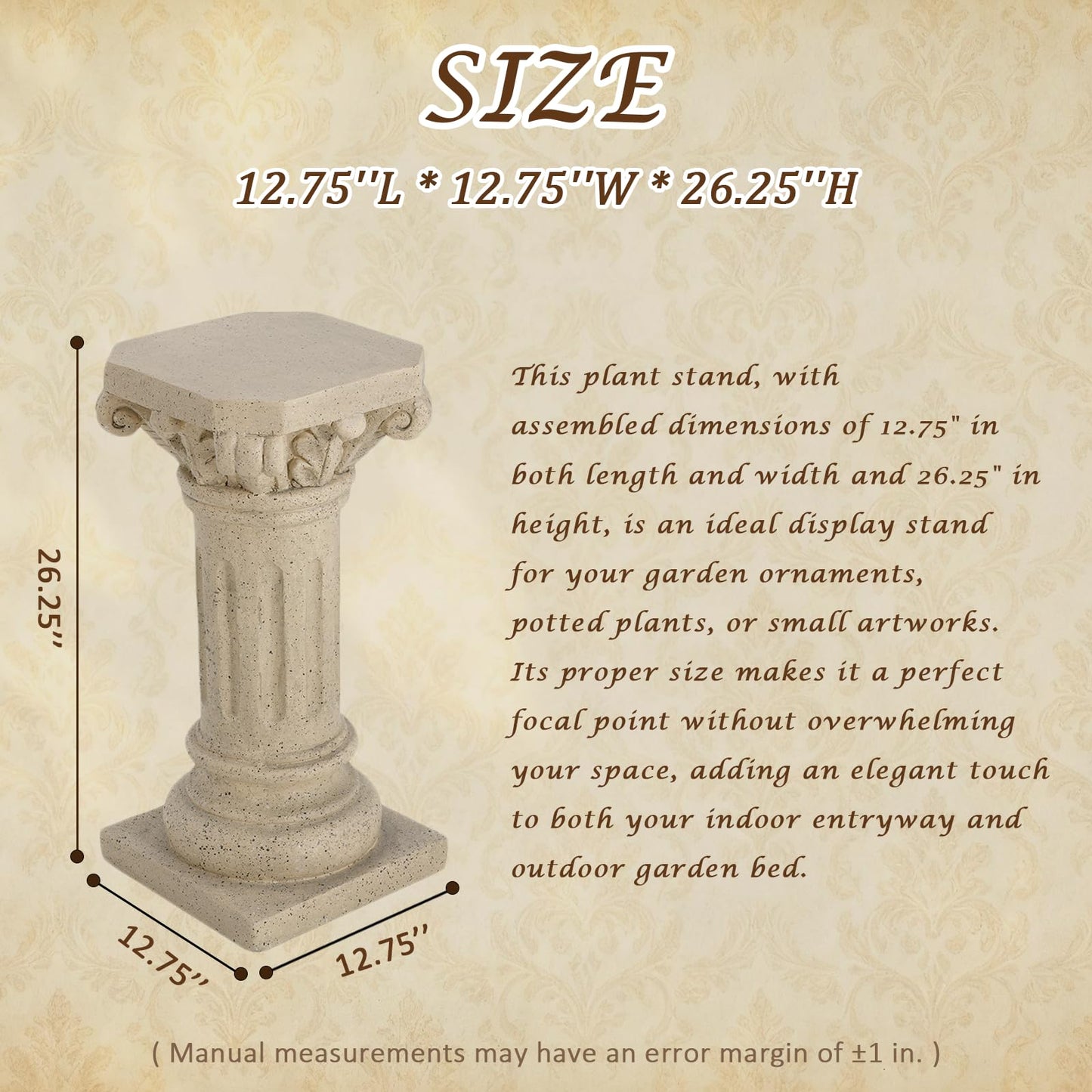 Garden Decorative Column, 26.25" Magnesium Oxide Garden Pedestal Column Plant Stand Weatherproof Pedestal for Sculptures Heavy Duty Plinth Suitable for Weddings and Dining Tables, Indoor/Outdoor
