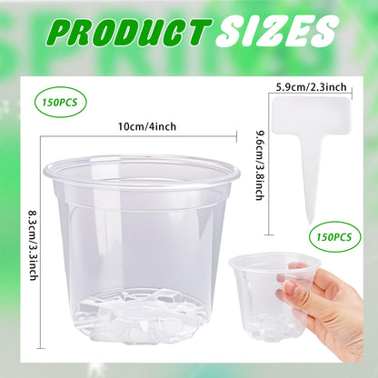 300 Pcs 4 Inch Clear Plant pots with Drainage Holes 150 Transparent Plastic Nursery 150 White Labels High Transparency Excellent Hardness for Seeding Cultivation Raising Flower Gardening Activities
